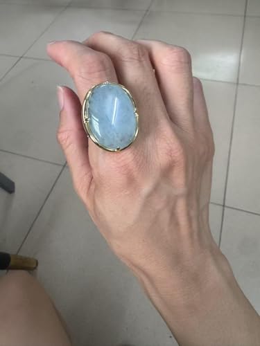 Natural Stone Adjustable Finger Rings Semi Precious Oval Shaped Gemstone Jewelry For Women Anniversary Birthday Wedding Gift - color: Blue Aquamarine
