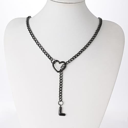 sroyte Black Heart Slip Chain Initial Necklaces for Women,Stainless Steel O-Ring Adjustable Lariat Heart Y-Necklace,Punk Gothic Cuban Collar Choker Necklace for women - color: Black L
