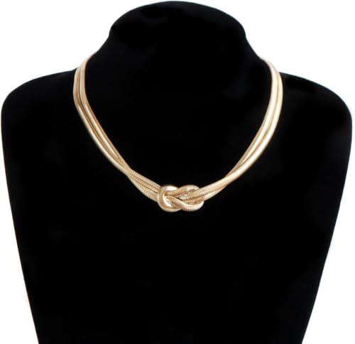 Silver Tone Double Chain Snake Knot Choker Necklace for Women, Adjustable Mesh Layered Jewelry Set - color: White K