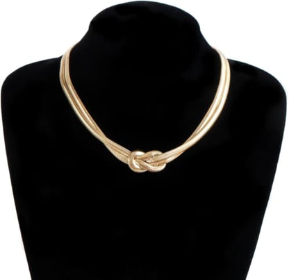 Silver Tone Double Chain Snake Knot Choker Necklace for Women, Adjustable Mesh Layered Jewelry Set - color: White K
