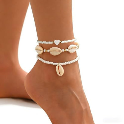3PCS Boho Anklets for Women Summer Beach Women's Ankle Bracelets Beaded Anklet Bracelet Waterproof Beach Anklets Shell Starfish Anklet Foot Chain Jewelry for Women - color: 3PCS/white heart