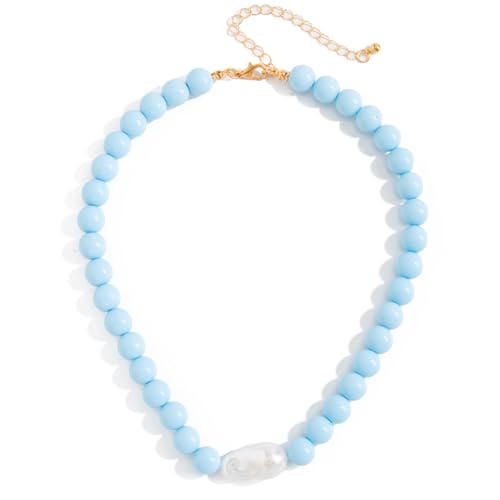 Colorful Faux Baroque Pearl Resin Beaded Choker Necklace Summer Tropical Jewelry for Women - color: Blue