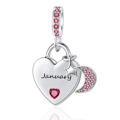 12 Months Birthstone Heart Charm Moon and Star Pendant Bead Compatible with Pandora Bracelet Women - style: January