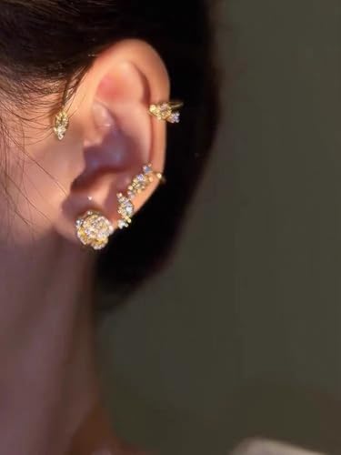 2PCS Flower Tassel Zircon Earrings Ear Cuffs No Piercing Flower Climber Wrap Around Earrings Pearl Drop Earrings for Women Fairy Ear Clip Dainty Wedding Earrings for Brides - color: Style 1 - Gold