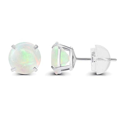 Solid 14K Yellow, White or Rose Gold 4mm Round Genuine Gemstone Birthstone Prong Set Stud Earrings For Women - color: Opal Genuine