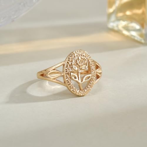 Flower Ring for Women, Vintage Hollow Gold Tone Oval Rose Band Cute Carved Floral Finger Ring Retro Statement Promise Anniversary Jewelry Gift