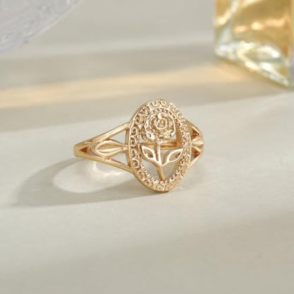 Flower Ring for Women, Vintage Hollow Gold Tone Oval Rose Band Cute Carved Floral Finger Ring Retro Statement Promise Anniversary Jewelry Gift
