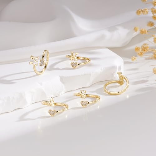 Lunvky Birthday Gifts Silver Initial Rings for Women Teen Girl Kids Trendy Stuff Dainty 14K Gold Plated Adjustable Heart Letter Thumb Rings Pinky Cute Jewelry Personalized Gift - color: Gold, size: Initial-F