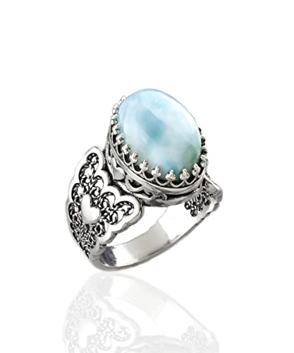 Filigranist 925 Sterling Silver Handcrafted Filigre Art Double Heart Detailed Women Cocktail Ring with Gemstones - color: Larimar