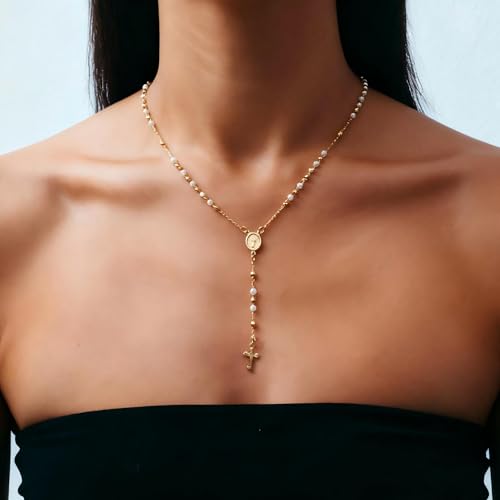 Lariat Necklaces for Women - Dainty Long Necklace Trendy 14K Gold Plated Hypoallergenic Layered Long Y-Shape Sunburst CZ T-Bar Pendant Drop Chain Necklace Set for Women Non Tarinsh Jewelry - style: Y-shaped chain of the Virgin Mary