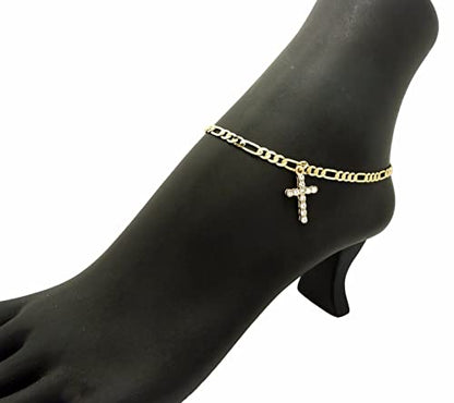 WOMEN'S GOLD PLATED BRASS CZ STONES CROSS CHARM & 3mm 10" FIGARO CHAIN FASHION ANKLET BRACELET