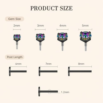 Hypoallergenic Nose Studs Flat Back Screw Ear Studs 18K Gold Plated 316 Stainless Steel, CZ Studs for Nose, Ear, Lip, Vertical Labret Piercing Jewelry, 2-5mm CZ 6-8mm Post with 1 Taper,4 Silicone Pads - color: Black, size: 3mm