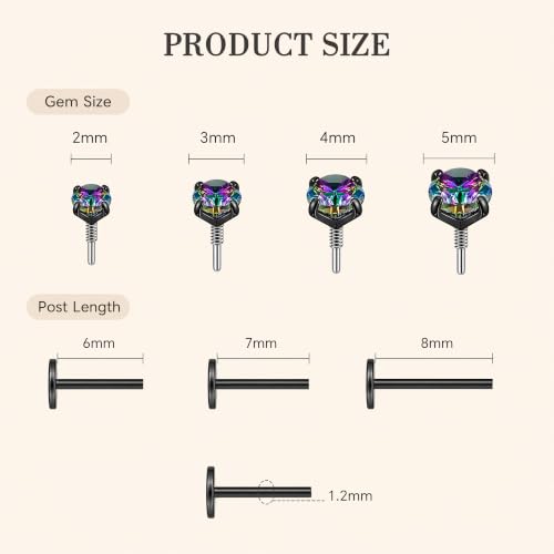 Hypoallergenic Nose Studs Flat Back Screw Ear Studs 18K Gold Plated 316 Stainless Steel, CZ Studs for Nose, Ear, Lip, Vertical Labret Piercing Jewelry, 2-5mm CZ 6-8mm Post with 1 Taper,4 Silicone Pads - color: Black, size: 4mm