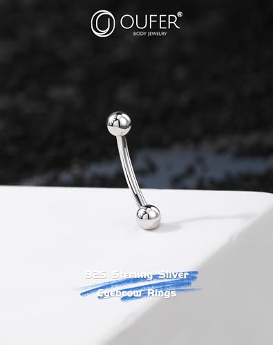 OUFER 925 Sterling Silver Rook Piercing Jewelry, Eyebrow Piercing Jewelry, Vertical Labret Lip Jewelry, 16G Curved Barbells, Eyebrow Rings, Daith Rook Earrings for Women Men-8mm