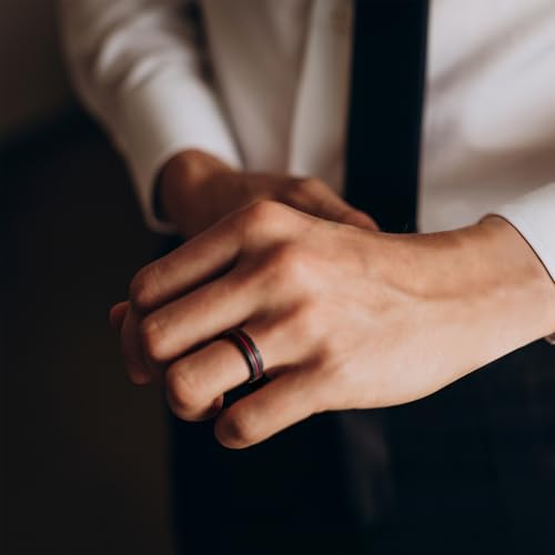 King Will Mens Tungsten Rings for Men Two Tone Grooved Mens Wedding Band Cool - color: Black & Red
