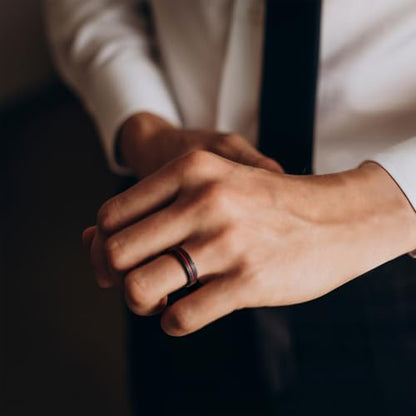 King Will Mens Tungsten Rings for Men Two Tone Grooved Mens Wedding Band Cool - color: Black & Red
