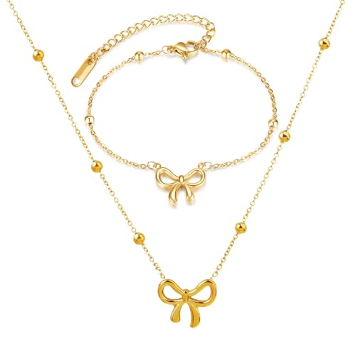 Gold Bow Bracelets Dainty Gold Plated Chain Bracelets Necklaces Set Ribbon Choker Bracelets Necklaces Trendy Jewelry Gifts for Women - color: Bow Set