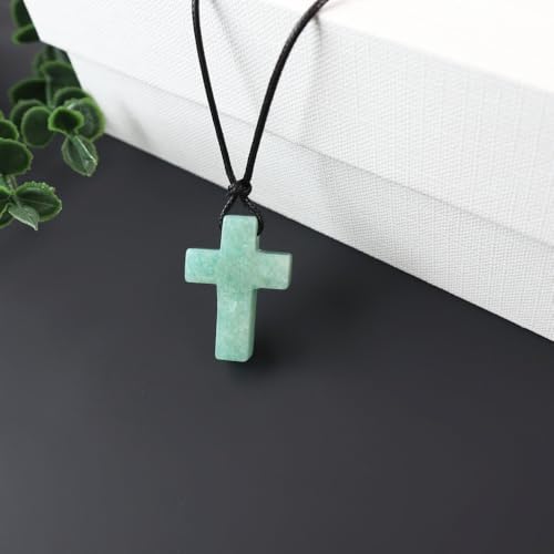 FANASY Natural Gemstone Pendant Necklace for Men Healing Crystal Pendant Adjustable Black Rope Necklace Jewelry Gifts for Women Men - color: X- Cross Amazonite