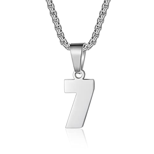 Susook Number Necklace for Boy Black Athletes Number Stainless Steel Chain 00-99 Number Charm Pendant Personalized Sports Jewelry for Men Basketball Baseball Football - color: Silver, style: 7
