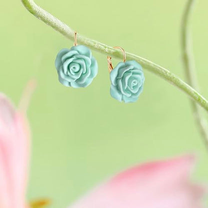 Handmade Bohemian Aesthetic Dainty Acrylic Flower Petal Leverback Earrings Sparkly 14K Gold Floral Dangle Drop Earrings for Women - color: Blue Green
