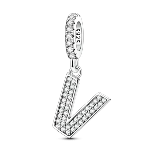 Hapour Letter 925 Sterling Silver Charm with Cubic Zirconia Alphabet A-Z Initial Dangle Charms Beads Pendent DIY Jewelry for Bracelets Necklace - color: V