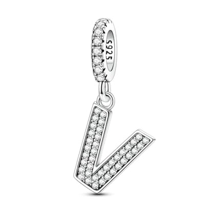 Hapour Letter 925 Sterling Silver Charm with Cubic Zirconia Alphabet A-Z Initial Dangle Charms Beads Pendent DIY Jewelry for Bracelets Necklace - color: V
