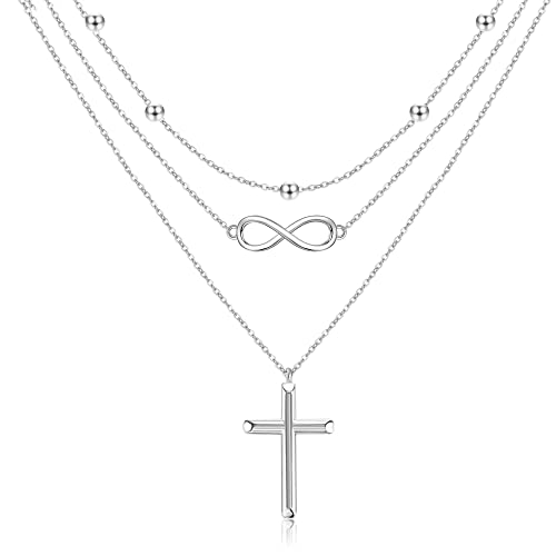 MONGAS Boho Layered Necklace Sterling Silver Triple 3 Stacked Vertical Bar Triangle Long Layering Necklaces Christmas Jewelry Gifts for Women - style: Infinity Cross