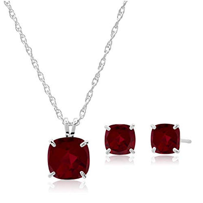 MAX + STONE 14k Gold Plated or Sterling Silver Cushion Cut Gemstone Stud Earrings and Pendant Necklace for Women with 6mm and 8mm Birthstones 18 Inch Chain and Push Backs Jewelry Set - style: Sterling Silver|Created Ruby