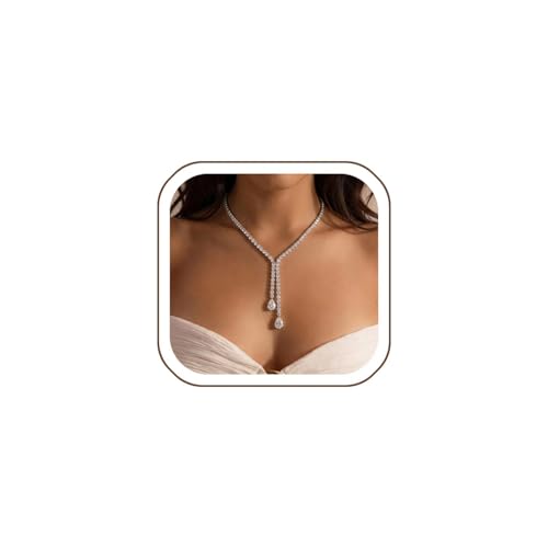 STONEFANS Long Tennis Necklaces for Women - Dainty Silver Lariat Necklace Rhinestone Y Shaped Drop Necklace Cute Choker Necklaces for Women Trendy Silver Prom Jewelry Gifts - color: Drop -Silver
