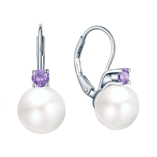 JO WISDOM 925 Sterling Silver Cubic Zirconia Freshwater Cultured Pearl Drop & Dangle Leverback Earrings - color: 10mm,amethyst color