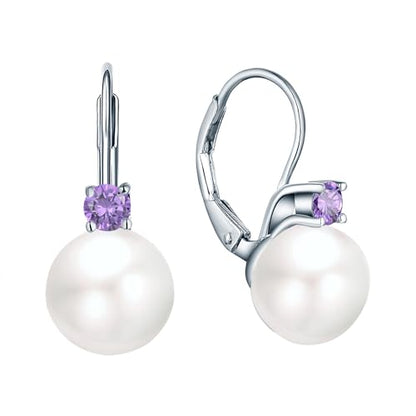 JO WISDOM 925 Sterling Silver Cubic Zirconia Freshwater Cultured Pearl Drop & Dangle Leverback Earrings - color: 10mm,amethyst color