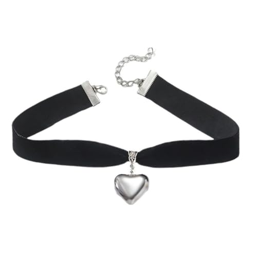 Puffy Heart Necklace for Women Crystal Heart Chunky Necklace Pendant Black Velvet Choker Necklace Christmas Jewelry Gift - color: Silver
