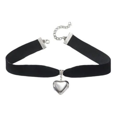 Puffy Heart Necklace for Women Crystal Heart Chunky Necklace Pendant Black Velvet Choker Necklace Christmas Jewelry Gift - color: Silver