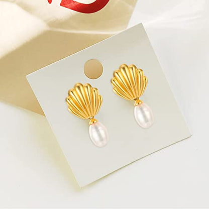 925 Sterling Silver mother shell Pearl Earrings, Women's Shell Freshwater Pearl Dangle Gold Earrings, Hypoallergenic Women's Pearl Earrings Women's Jewelry, Gifts for Mom, Girlfriend, Daughter - style: paerl earrings