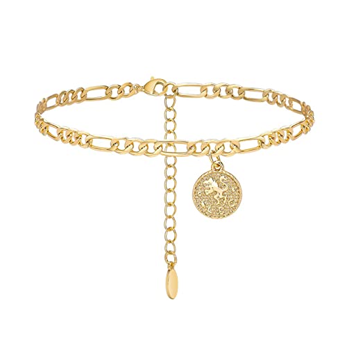 Anklets for Women Dainty Zodiac Constellation Anklet Zodiac Sign Disc Ankle Bracelet 14k Gold-Plated Anklets for Women - color: Leo (Jul.23—Aug.22)