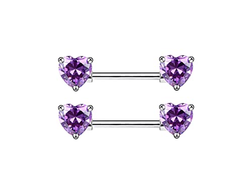 HQLA 14G Dainty CZ Love Heart Nipple Rings Tongue Ring Surgical Steel Nipple rings Piercing Women Barbells 2Pcs 25/8"(16mm) - style: Silver - Style A - Purple Heart CZ