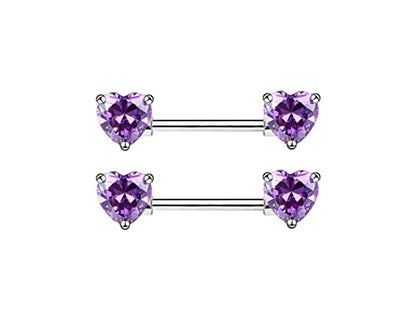 HQLA 14G Dainty CZ Love Heart Nipple Rings Tongue Ring Surgical Steel Nipple rings Piercing Women Barbells 2Pcs 25/8"(16mm) - style: Silver - Style A - Purple Heart CZ