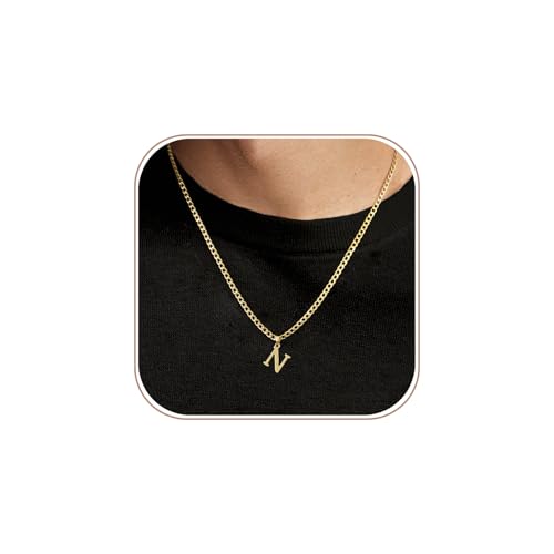 Gold Plated Initial Necklace for Men Letter Pendant Cuban Link Chain | Stainless Steel 4mm 20 Inch Chain Non Tarnish 14K A-Z Capital Name Charm Custom Jewelry Gift - color: N