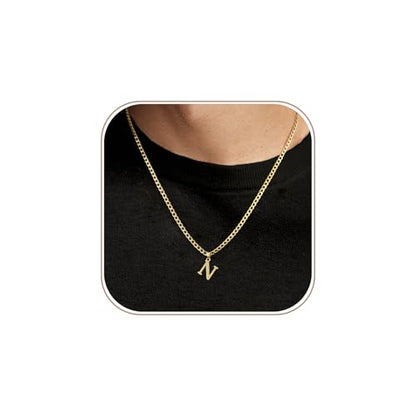 Gold Plated Initial Necklace for Men Letter Pendant Cuban Link Chain | Stainless Steel 4mm 20 Inch Chain Non Tarnish 14K A-Z Capital Name Charm Custom Jewelry Gift - color: N
