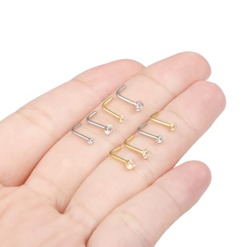 8Pcs Nose Rings Studs 14K Gold Filled Surgical Steel L-Shape Nose Rings for Women 1.5/2mm/2.5mm/3mm Cubic Zirconia Nostril Screw Studs Hypoallergenic Nostril Piercings 20g 18g - color: 8pcs,18g,mix color,L-shpaped