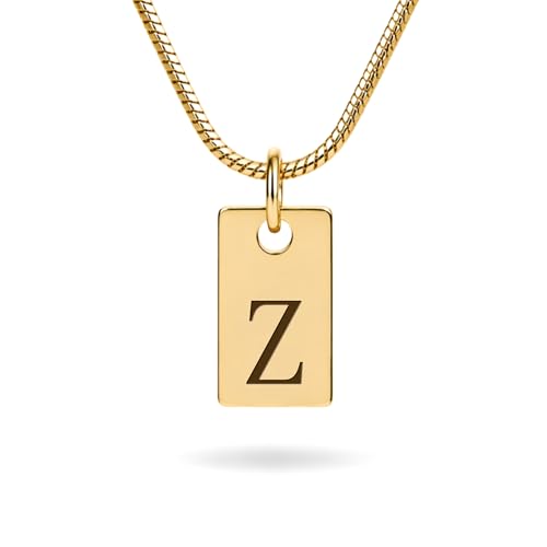 Initial Necklace in 18K Gold Plated, Personalized Engraved Letter Pendant, Gold Snake Chain, 6×10 mm Rectangle Charm for Women - color: Z