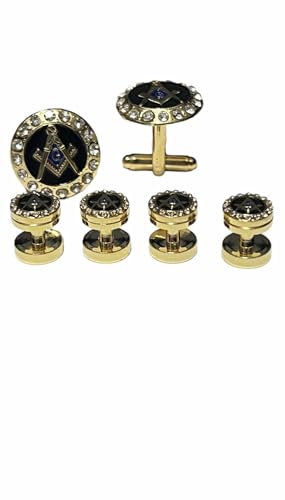 Masonic Cufflinks and Shirt Studs Set with Black Enamel and Rhinestones, Gold Tone