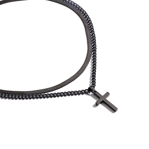 Zocomi Cross Necklace for Men Boys, Stainless Steel Layered Cuban Link Herringbone Chain Cross Pendant Christian Fashion Jewelry Gifts 16-24 Inches - color: Black, size: 16inch/18inch, style: Herringbone+Cuban