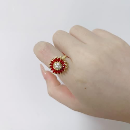 Sunflower Fidget Ring for Women Gold Anxiety Crystal Rings Cubic Zirconia Sunflower Open Adjustable Fidget Ring Spinner Sun Ring for Men Trendy Jewelry - color: Red