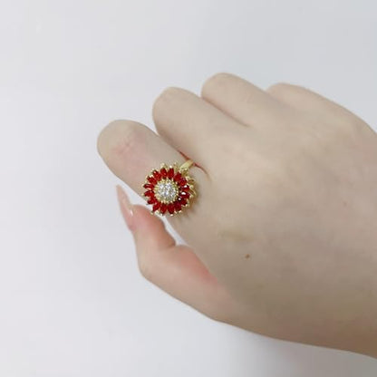 Sunflower Fidget Ring for Women Gold Anxiety Crystal Rings Cubic Zirconia Sunflower Open Adjustable Fidget Ring Spinner Sun Ring for Men Trendy Jewelry - color: Red