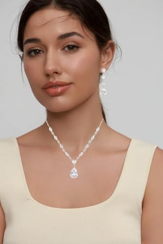 Elegant Bridal Cubic Zirconia Teardrop Pendant Necklace Drop Earrings Bracelet Brides Bridesmaids Wedding Jewelry Set for Women
