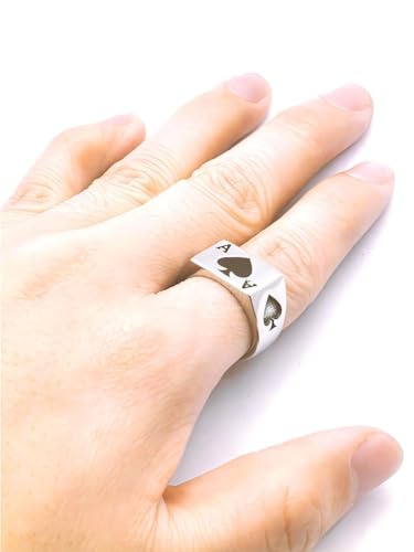 JAJAFOOK Mens Womens Stainless Steel Ring Poker Spade Ace Silver Black Sizes 6-14 - color: Spade Ace Silver Black, size: 10