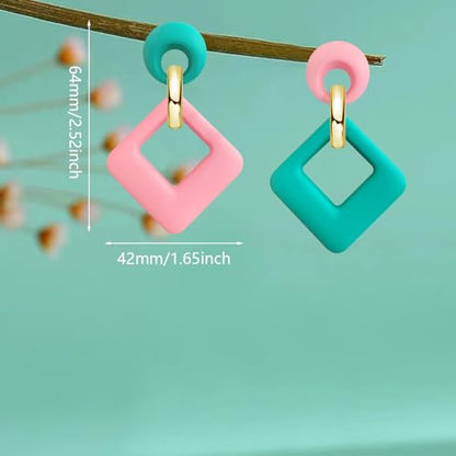 70s 80s Vintage Resin Neon Square Dangle Drop Earrings Simplicity Acrylic Hollow Round Circle Geometry Stud Earrings for Women - style: Blue Pink