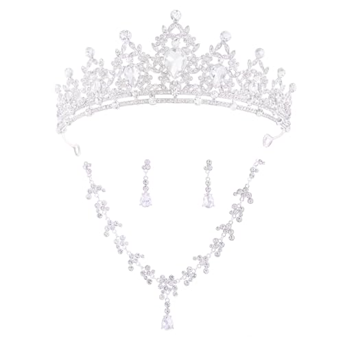 Crystal Crown and Tiara Jewelry Set for Women Bride with Necklace Earrings | Metal Rhinestone Royal Queen Princess Jewelry Set Wedding Quinceanera Pageant Prom Birthday Halloween Party Costume Gift - color: Silver