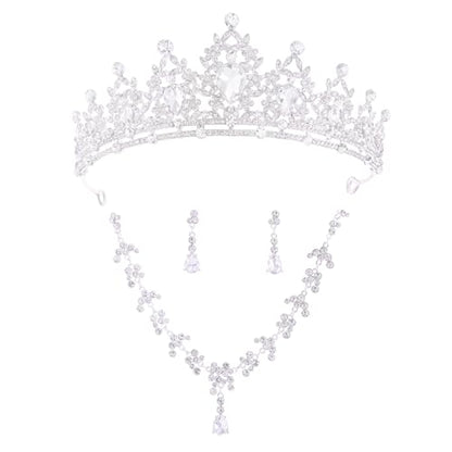 Crystal Crown and Tiara Jewelry Set for Women Bride with Necklace Earrings | Metal Rhinestone Royal Queen Princess Jewelry Set Wedding Quinceanera Pageant Prom Birthday Halloween Party Costume Gift - color: Silver